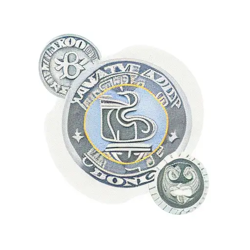 A collage of various banking symbols like credit cards, coins, and banknotes forming a Newcastle United logo tattoo design idea