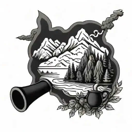 A surrealistic design combining smoking pipes and mountain landscapes to represent your love for hikes and smoking tattoo design idea