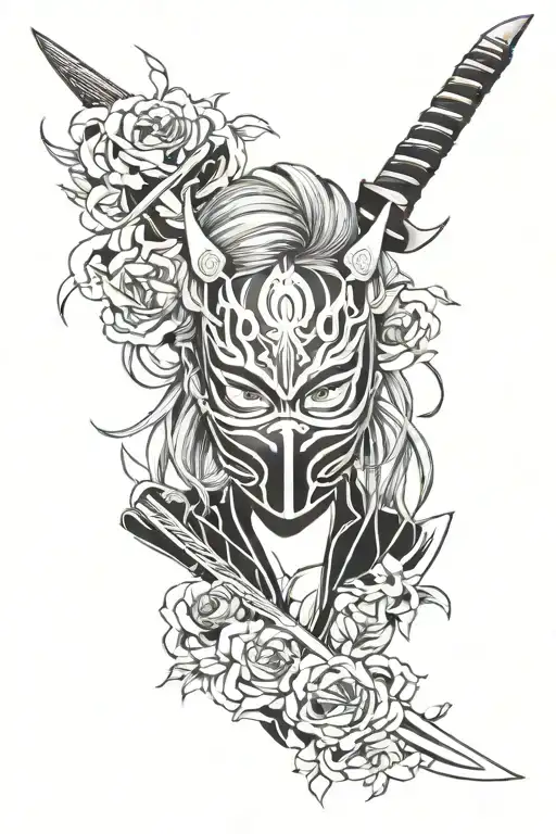 tattoos of woman with mask oni mask katana surrounded more anime tattoo design idea