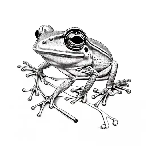 A realistic portrait of a coqui frog playing guitar  tattoo design idea