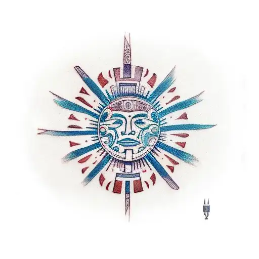 A traditional tattoo of a symbolic Taino sun design with musical symbols weaved into the rays, paying homage to Puerto Rico's heritage and the client's love for music tattoo design idea