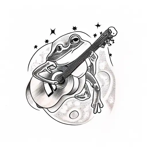A sketch style tattoo of a Puerto Rican coqui frog playing a guitar under a starry night sky tattoo design idea