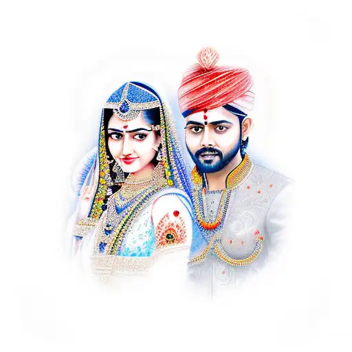 A realistic portrait of Yash and Shruti surrounded by a vibrant garden of love birds tattoo design idea