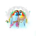 A realistic portrait of Yash and Shruti surrounded by a vibrant garden of love birds tattoo design idea