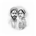 A realistic portrait of Yash and Shruti surrounded by a vibrant garden of love birds tattoo design idea