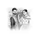 A realistic portrait of Yash and Shruti surrounded by a vibrant garden of love birds tattoo design idea