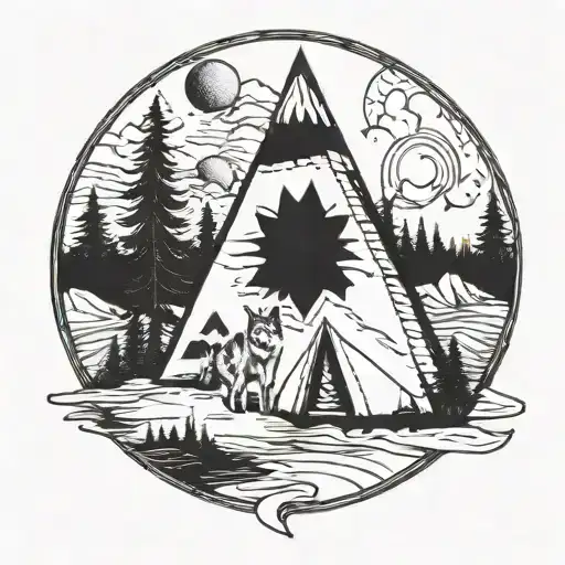 wolf and teepee sun mountain tattoo design idea