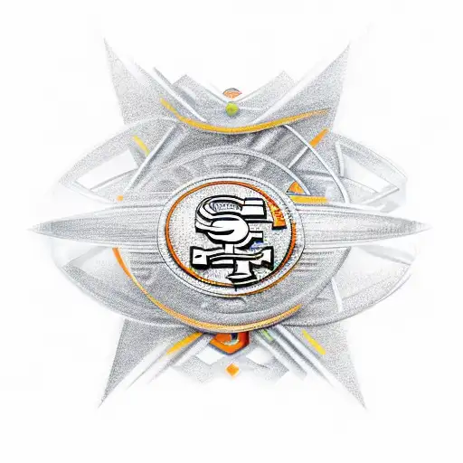 A dynamic and intricate design combining elements of the San Francisco 49ers and San Francisco Giants logos, with a musical twist incorporated in the background. tattoo design idea