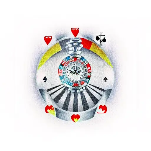 a casino theme full sleeve. With poker chips, money, a old clock and a compass tattoo design idea