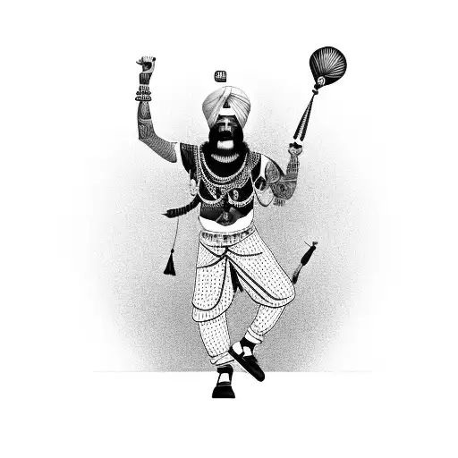 A black-grey tattoo of Sidhu Moosewala performing on a stage with a backdrop of cultural symbols from Punjab tattoo design idea