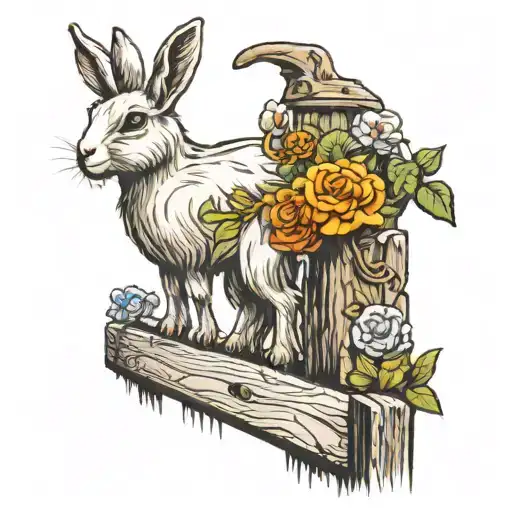 bunny and baby goat on wooden fence tattoo design idea
