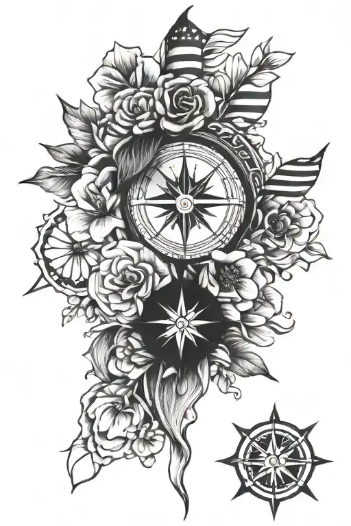 american flag, indian flag, compass, flower tattoo design idea