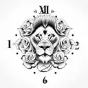 Lion with roses with clock with wolf tattoo design idea