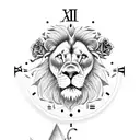Lion with roses with clock with wolf tattoo design idea