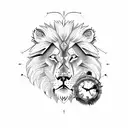 lion and wolf and clock and arrow tattoo design idea