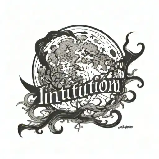 Moon with "Intuition" written along the side tattoo design idea
