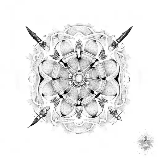 A collection of ancient weapons arranged in a circular pattern tattoo design idea