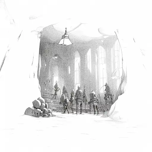 A group of adventurers exploring a mysterious dungeon tattoo design idea