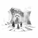 A group of adventurers exploring a mysterious dungeon tattoo design idea