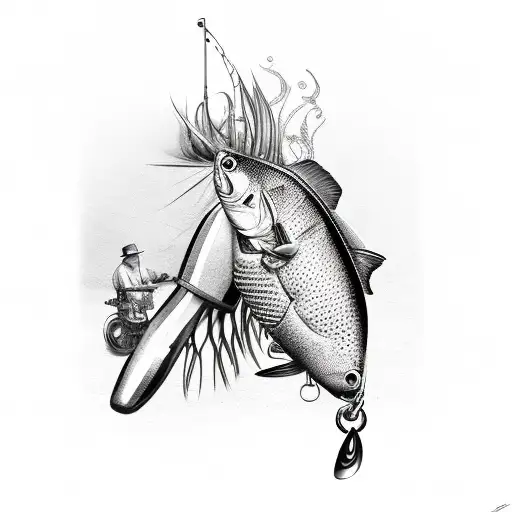 A car engine made up of various fishing tools tattoo design idea