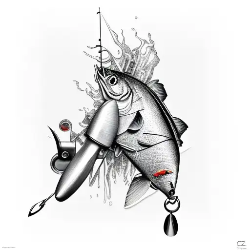 A car engine made up of various fishing tools tattoo design idea