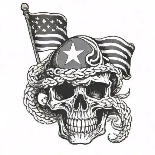 Skull of a copperhead snake, biting a flag, with the words, Edge of the empire inscribed in it, with laurels wrapped.  tattoo design idea