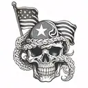 Skull of a copperhead snake, biting a flag, with the words, Edge of the empire inscribed in it, with laurels wrapped.  tattoo design idea