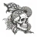 Skull of a copperhead snake, biting a flag, with the words, Edge of the empire inscribed in it, with laurels wrapped.  tattoo design idea