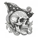 Skull of a copperhead snake, biting a flag, with the words, Edge of the empire inscribed in it, with laurels wrapped.  tattoo design idea