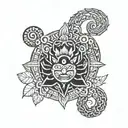 A tattoo design representing the balance between rahu ketu and meditation practices, with a touch of tantra symbolism tattoo design idea