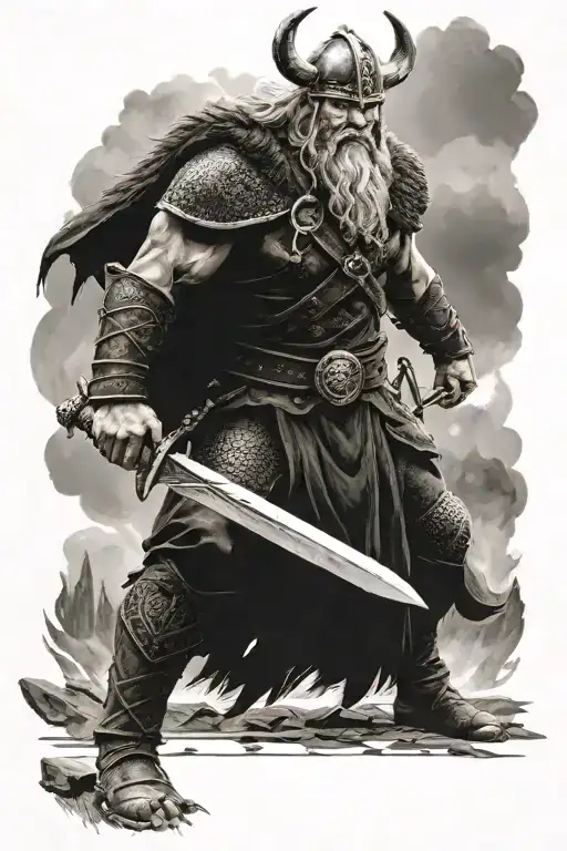 A fierce Viking warrior wielding a sword in battle, with Odin's eye watching over him tattoo design idea