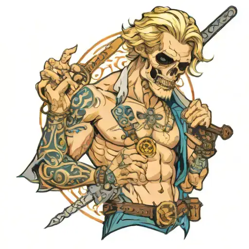a blonde short curled guy with blue eyes with a sword in one hand and in the other hand a skull wich is smoking a cigare tattoo design idea