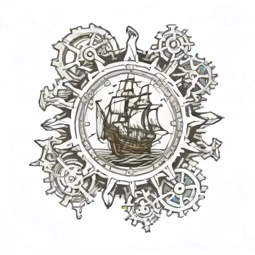 pirate ship inside of a gear cog  tattoo design idea