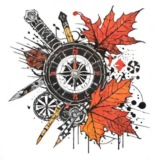 compass Maple leaf skis poker chips cards dice nature River mountains tattoo design idea