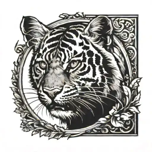 a small cat showing its face on a mirror but the mirror reflects a roaring tiger  tattoo design idea