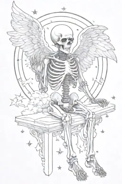A skeleton angel praying with a celestial background and stars shining behind it tattoo design idea