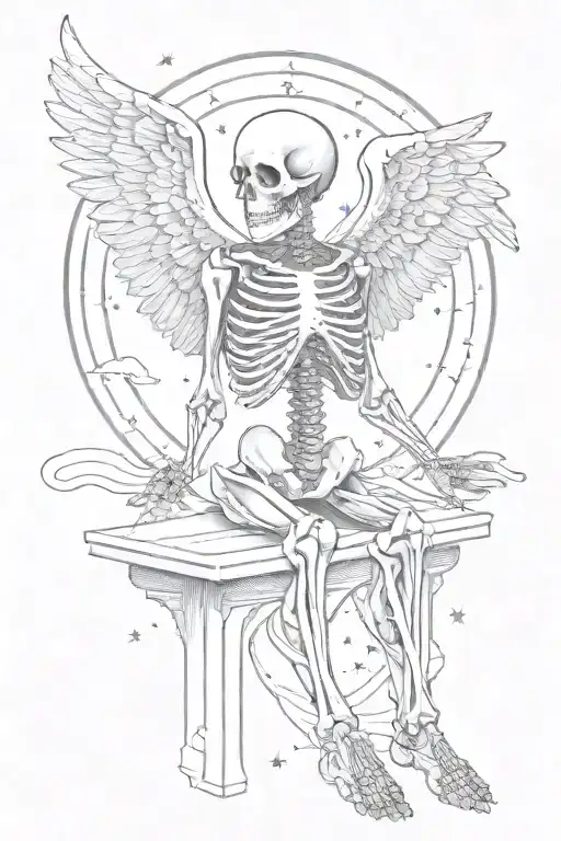 A skeleton angel praying with a celestial background and stars shining behind it tattoo design idea