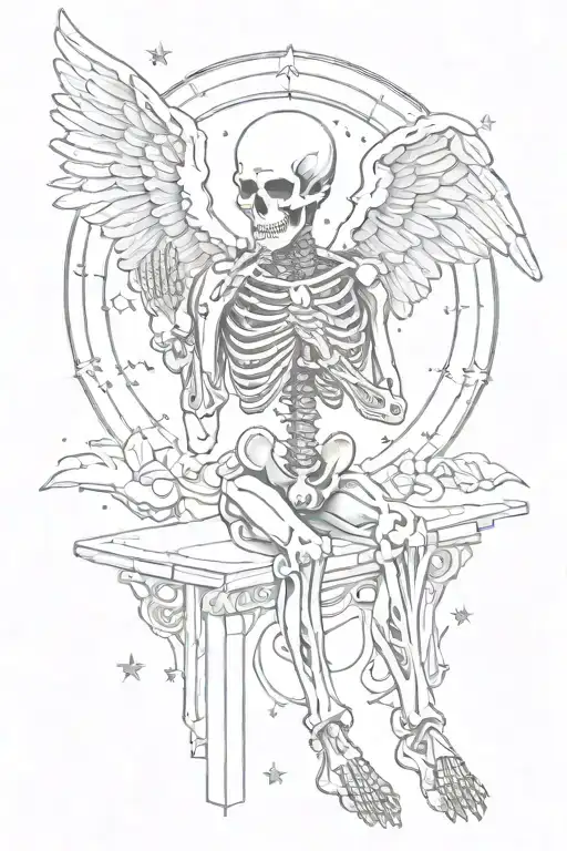 A skeleton angel praying with a celestial background and stars shining behind it tattoo design idea