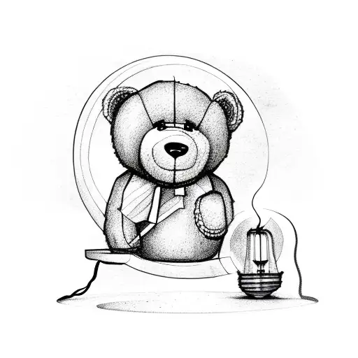 teddy bear with lamp in arm seat on earth tattoo design idea