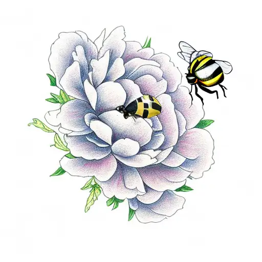 Peony with petunias and hydrangea, and a ladybug and a bee  tattoo design idea