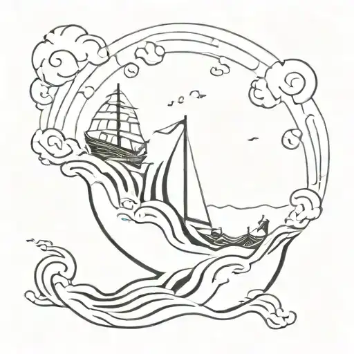 Scooping water out of a sinking ship sailing through stormy tattoo design idea