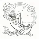 Scooping water out of a sinking ship sailing through stormy tattoo design idea
