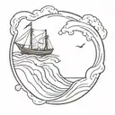 Scooping water out of a sinking ship sailing through stormy tattoo design idea