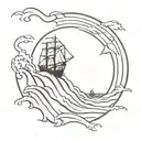 Scooping water out of a sinking ship sailing through stormy tattoo design idea