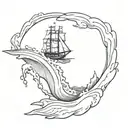Scooping water out of a sinking ship sailing through stormy tattoo design idea
