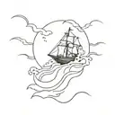 Scooping water out of a sinking ship sailing through stormy seas tattoo design idea