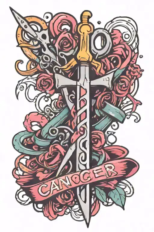 Scissors cutting through the word cancer ribbon tattoo design idea