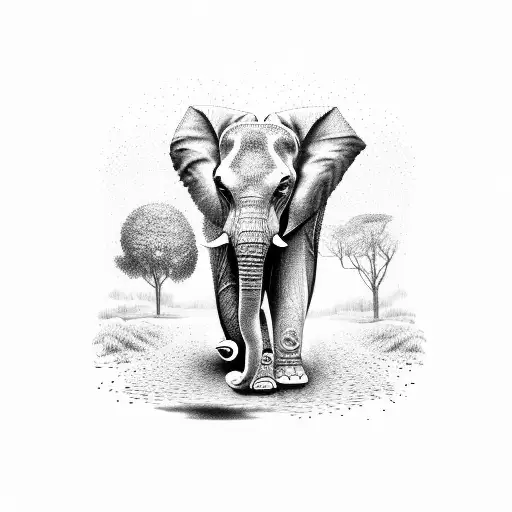 A dotwork tattoo of an elephant walking through the streets of Portugal, with Lil Peep and Juice Wrld's album cover 'Cry Baby' in the background tattoo design idea