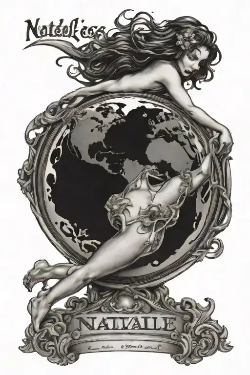 metallic curvy statue girls holding up the earth and on the earth, it says "natalie is my world" highlighted tattoo design idea
