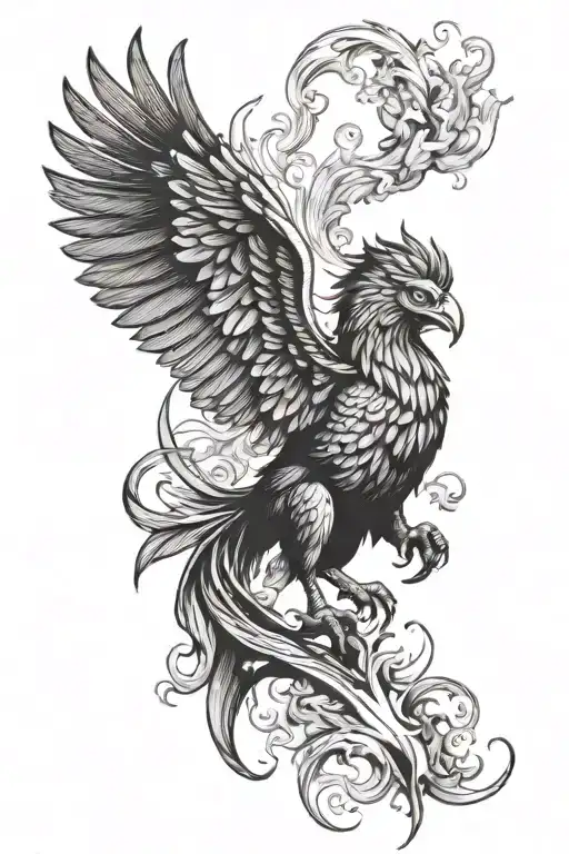 A mixture of the mythological animal griffin and the phoenix. With traits of the ram like horn with desert cowskull head tattoo design idea